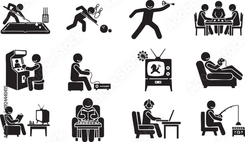 Indoor Hobbies and Gaming Activities Icon Set - People Playing Billiards, Chess, Video Games, and Home Leisure Solid Pictogram Vector