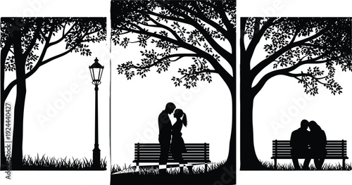 Black Silhouette Vector Illustration Set of Romantic Couples in a Park Featuring People Sitting on Benches and Standing Under Large Trees with Street Lamp