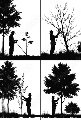 Black Silhouette Vector Illustration Set of Professional Gardener Planting Pruning Watering and Maintaining Trees Throughout Different Seasons for Landscaping Forestry