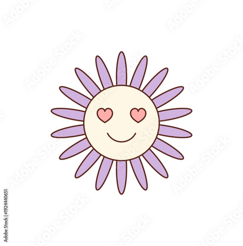 Retro groovy flower sticker in flat cartoon graphic style with pink heart smile face. Cute y2k love icon, cheerful element for playful and creative patches. Groovy element adds pop charm and trendy