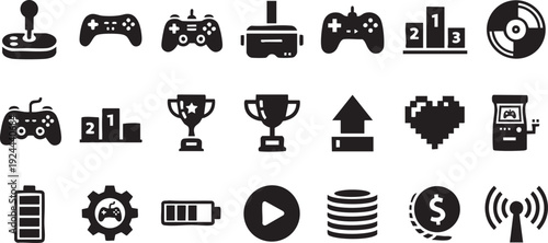 Esports Gaming Icon Set - Video Game Controllers, VR Headset, Achievement Trophies, and Arcade Machine Solid Vector Elements
