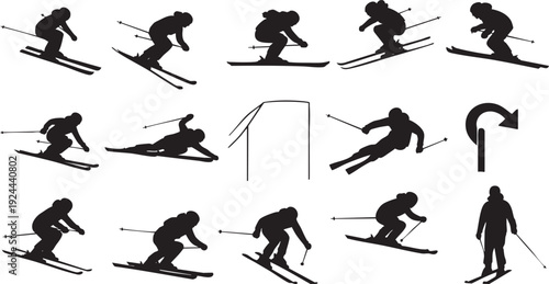 Winter Sports Skiing Silhouette Collection - Downhill Skiers, Slalom Athletes, and Mountain Adventure Action Figures Vector