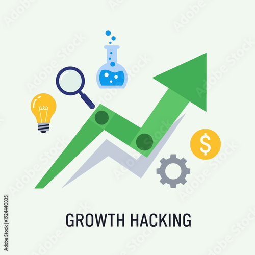Green arrow with growth hacking symbols.