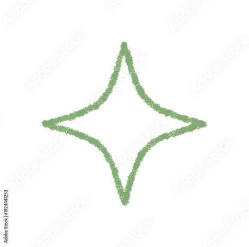 Crayon outline starburst icon in soft green. Firework burst star symbol with pattern shape for festive art element. Spark outline design suits celebration or party decor with magic holiday theme.