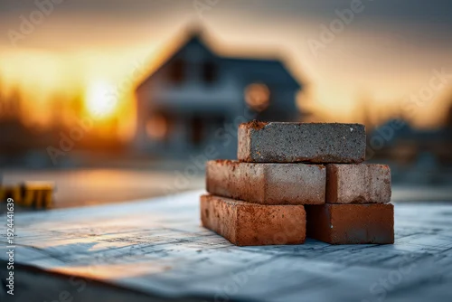 Obraz Stack of rustic bricks placed on architectural blueprints with a blurred residential house and warm sunset in the background symbolizing home construction planning
