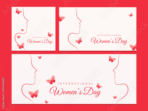 International Women’s Day Card Set with Line Art Female Profile for Greeting and Marketing Use