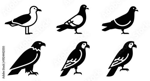 Diverse Bird Silhouettes Icon Set: Pigeon, Seagull, and Eagle Graphics