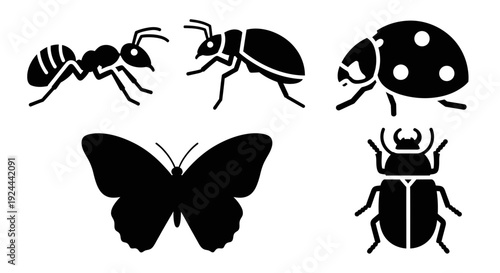 Diverse Insect Silhouettes Collection: Ant, Butterfly, Beetles Icons Set