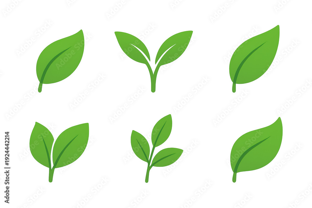 Fototapeta premium Set of six simple green leaf icons and sprout illustrations on a transparent background, flat minimalist botanical clipart for eco, nature, and organic designs