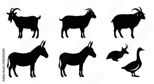 Farm Animals Silhouettes Collection: Goats, Donkeys, Sheep, and Goose Icons