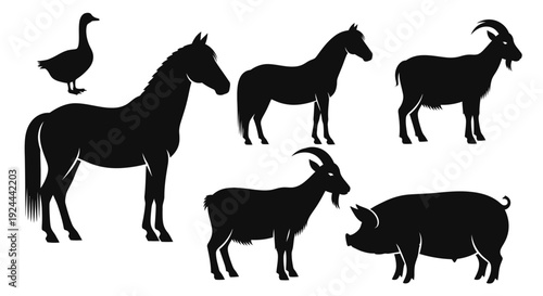 Farm Animals Silhouettes Collection: Goose, Horses, Goat, Pig, and Ram