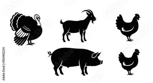 Farm Animals Silhouettes Collection: Turkey, Goat, Pig, and Chickens Icons