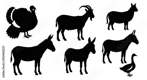 Farm Animals Silhouettes Collection: Turkey, Goat, Sheep, Donkeys, and Goose