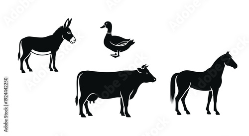 Farm Animals Silhouettes: Donkey, Duck, Cow, and Horse on White Background