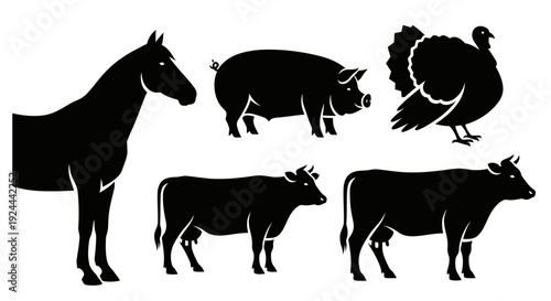 Farm Animals Silhouettes Collection: Horse, Pig, Turkey, and Cows Isolated on White