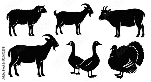 Farm Animals Silhouettes Collection: Sheep, Goats, Cow, Geese, and Turkey Icons