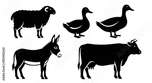 Farm Animals Silhouettes Collection: Sheep, Ducks, Donkey, Cow Icons on White