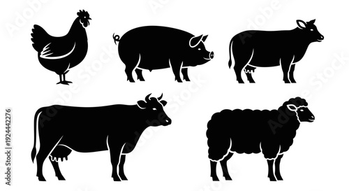 Farm Animals Silhouettes Set: Chicken, Pig, Cow, and Sheep Vector Icons