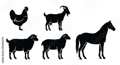 Farm Animals Silhouettes Set: Chicken, Goat, Sheep, and Horse Livestock Icons