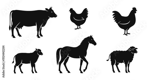 Farm Animals Silhouettes Set: Cow, Chicken, Horse, and Sheep Icons