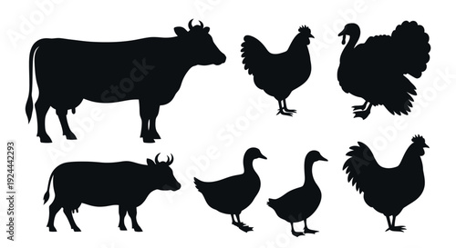 Farm Animals Silhouettes Set: Cow, Calf, Chicken, Turkey, Geese, and Rooster Icons
