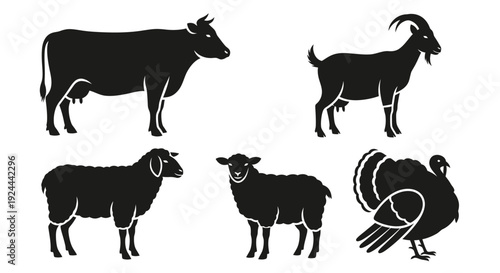Farm Animals Silhouettes Set: Cow, Goat, Sheep, and Turkey Livestock Icons