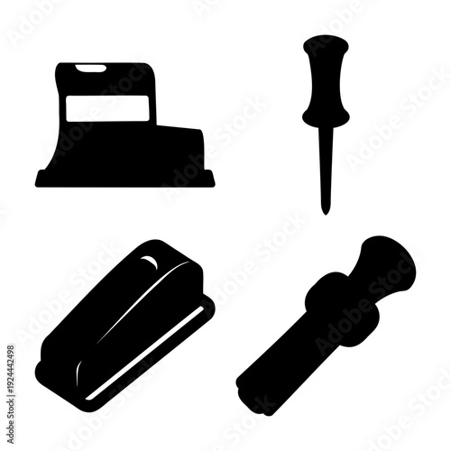 Essential office and craft supplies including a cash register, stapler, pushpin, and utility knife