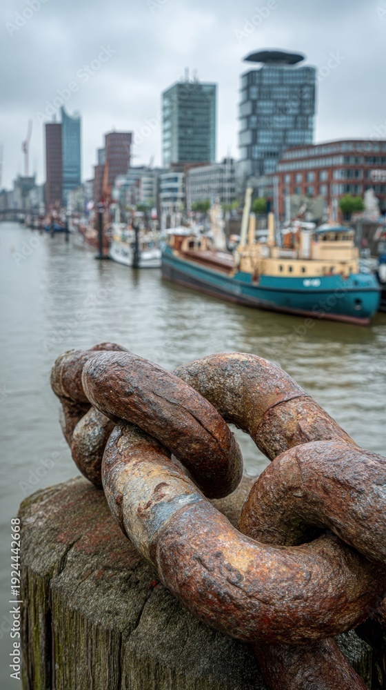 Fototapeta premium Close-up of heavy rusty metal chain links on a wooden bollard. The Hamburg city skyline and ships are in the blurred background. Industrial nautical atmosphere. Great for travel or maritime themes.
