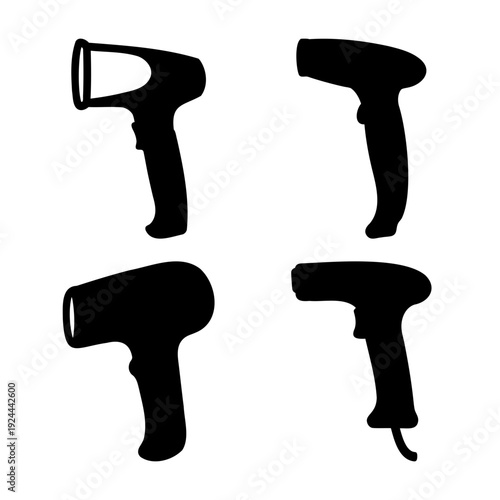 Diverse handheld barcode scanner silhouettes in black color on a clean white background