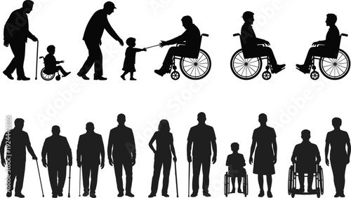 Inclusive silhouettes of diverse people with disabilities, mobility aids, and varying ages, highlighting accessibility, support, and representation in society through thoughtful design and diversity.