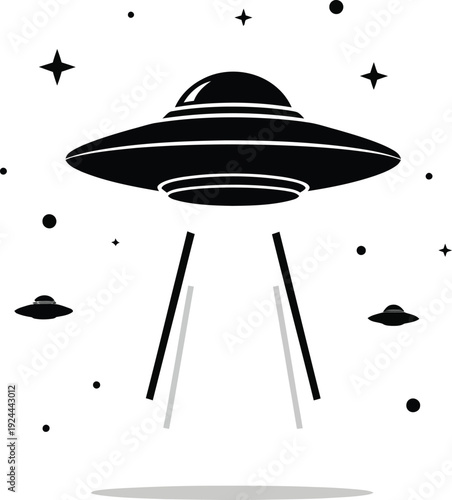 Black and white illustration of a flying saucer in space with celestial bodies