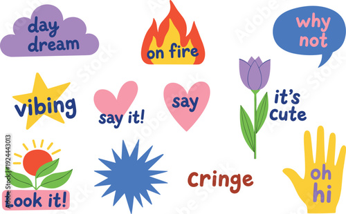 Trendy Gen Z Slang Sticker Set with Vibrant Vector Icons Featuring Phrases Like Vibing Cringe On Fire and Day Dream Graphics
