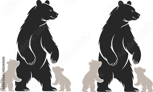 Silhouettes of a large bear with two cubs standing upright, symbolizing wildlife family bonding, nurturing relationships, and animal behavior in nature through vector illustration design.