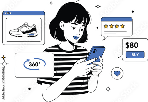 Young Woman Using Smartphone for Online Shopping with Sneakers Product View Customer Reviews Rating and Buy Button Interface Vector Illustration Flat Design
