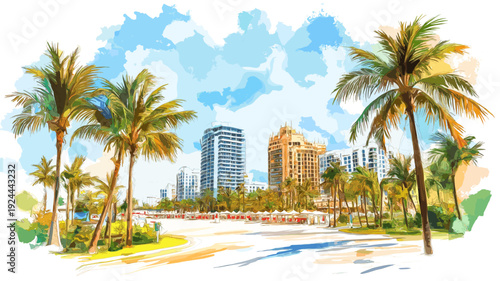 Miami?s South Beach. Miami?s South Beach hand drawn watercolor illustration