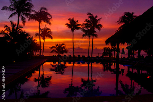 Dramatic mexican sunset reflected in infinity pool with palms
