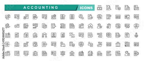 Accounting flat icons collection. Accounting of business affairs and work. Invoice, accountant, money, balance, credit, tax calculator. Accounting icon set. Finance icon set.