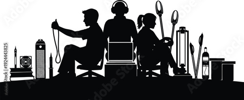 Film set silhouette with director camera operator and assistant