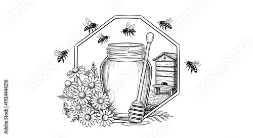 Honey jar surrounded by bees and flowers artistic illustration