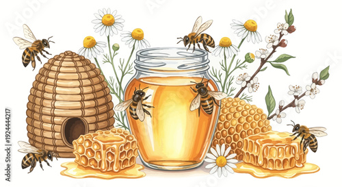 Honey jar surrounded by bees and honeycomb depicting natures sweetness
