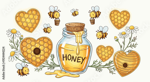 Honey jar surrounded by bees and honeycomb hearts illustration