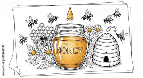 Honey jar surrounded by bees hive and flowers illustration