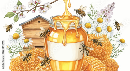Honey jar surrounded by bees honeycombs flowers and beehive illustration
