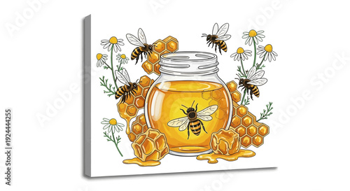 Honey jar surrounded by bees and honeycombs against white background