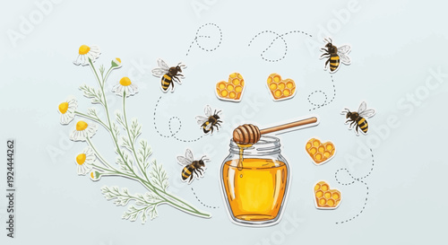 Honey jar with bees and chamomile flowers illustration on a light background