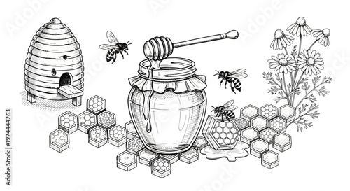 Honey jar with bees and beehive monochrome illustration for design
