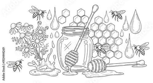 Honey jar with bees and flowers illustration design element black and white