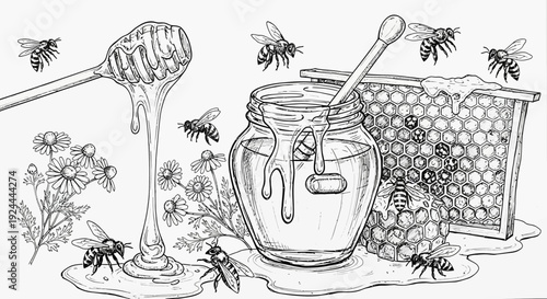 Honey jar with bees and honey dipper near honeycomb graphic illustration