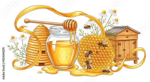Honey jar with bees honeycomb and beehives illustration on white