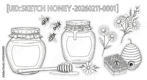 Honey jars with bees and flowers illustration isolated on white backdrop
